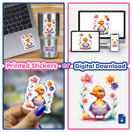 A collage featuring a cute baby duck with blooming flowers, available as stickers or digital artwork from Decal Venue, showcasing unique vinyl sticker designs and digital art.