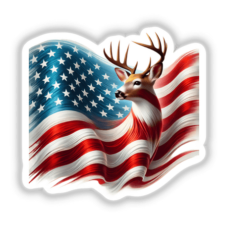 Patriotic Deer American Flag Stars Stripes featuring a deer with prominent antlers holding an American flag, available as stickers or digital artwork.