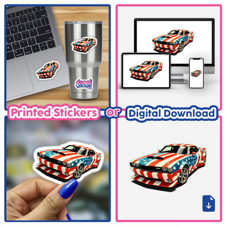 Collage of A Cool American Flag Muscle Car stickers, showcasing vibrant designs for cars, laptops, and cups, available as unique vinyl stickers or digital artwork from Decal Venue.