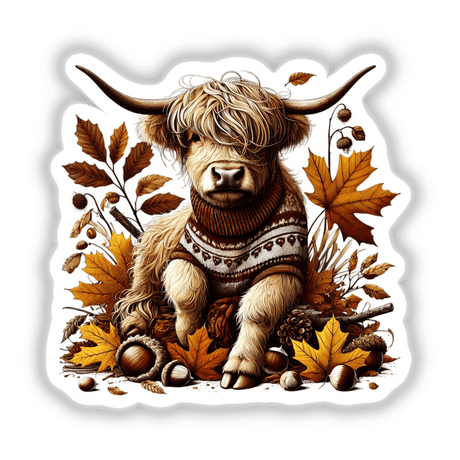 Autumn Highland Cow in Cozy Sweater surrounded by leaves, offered as stickers or digital artwork.