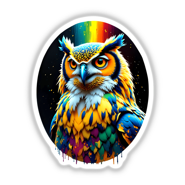 A Cool And Colorful Owl depicted in striking rainbow hues, available as stickers or digital artwork, showcasing intricate feather details and captivating eyes, representing Decal Venue's unique design collection.