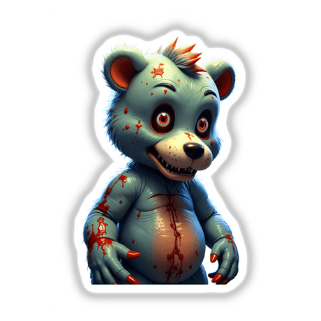 A Macabre Scary Bear cartoon sticker or digital artwork, featuring a bear with blood detailing, sharp teeth, and vivid eyes, capturing a unique, artistic horror theme.
