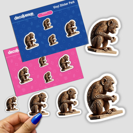Carved Wood Monkey stickers featuring intricate monkey designs, available as stickers or digital artwork from Decal Venue, emphasizing unique artistic expression.