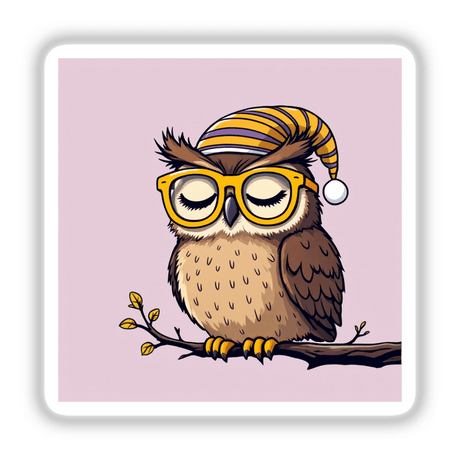 Sleepy Owl in Striped Nightcap cartoon featuring an owl wearing glasses and a striped hat, available as stickers or digital artwork at Decal Venue.