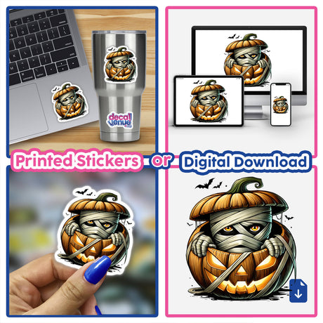 Mummy Peeking Out of Pumpkin Halloween decal collage featuring a cartoon mummy in a pumpkin on a laptop and close-ups of the sticker being held and applied. Ideal for Halloween decor.
