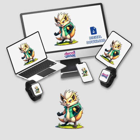 Furry Fighter - Shadow Striker The Hedgehog depicted on a laptop screen, with accompanying cartoon fox on a mouse pad and other devices, available as stickers or digital artwork.