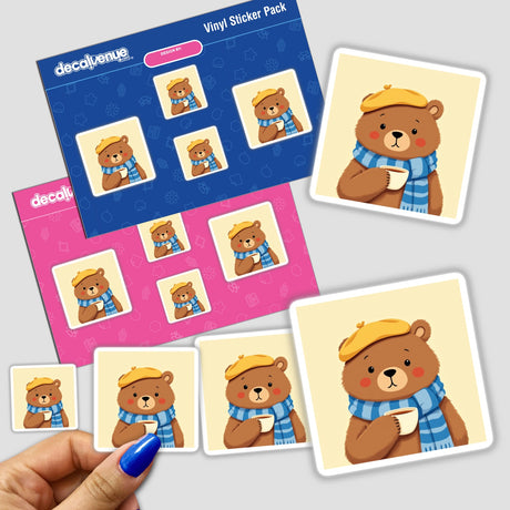 Charming Bear with Tea and Beret sticker featuring cartoon bears holding cups, perfect for fans of unique stickers and digital art from Decal Venue.