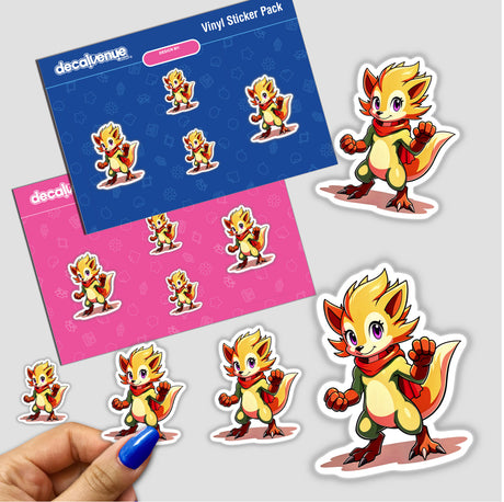 Sticker pack titled Furry Fighter - Happy Haze The Hedgehog featuring cartoon animals with scarves and a red cape, available as unique vinyl stickers or digital artwork from Decal Venue.