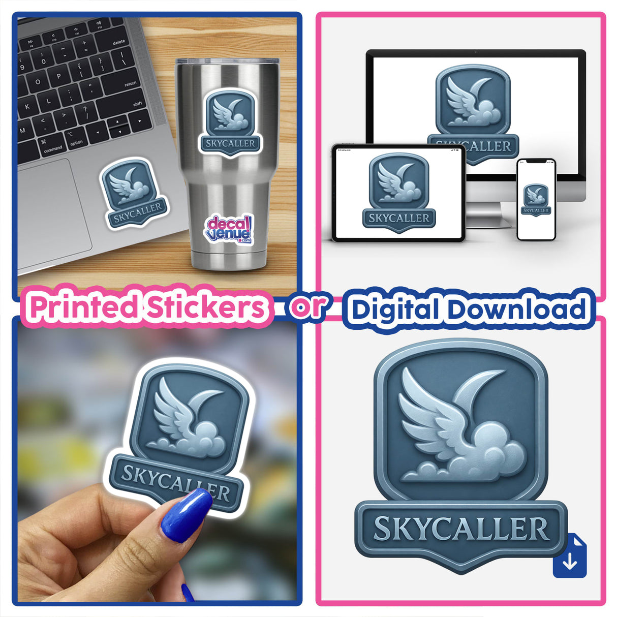 Skycaller – RPG-Style Skill Badge featuring a silver-blue cloud and wing crest design, available as unique stickers or digital artwork from Decal Venue.