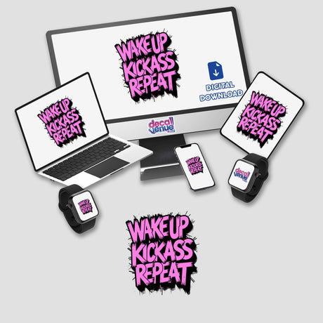 Wake Up Kick Ass Repeat Funny Quote on a computer monitor and laptop, offered as stickers or digital artwork, showcasing vibrant typography suitable for unique vinyl sticker lovers.
