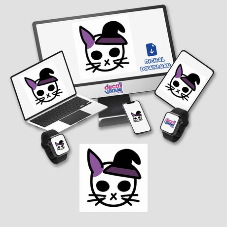 Swag Bunny-themed digital artwork displayed on a computer monitor and laptop, featuring cartoon cats. Available as unique stickers or digital art from Decal Venue.