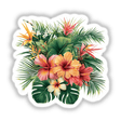 Tropical Flora Hibiscus Bouquet featuring a vibrant arrangement of flowers and leaves, available as stickers or digital artwork.