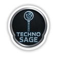 Techno Sage – RPG-Style Skill Badge features intricate silver and blue circuit designs, available as stickers or digital artwork, embodying Decal Venue's unique vinyl and digital art offerings.