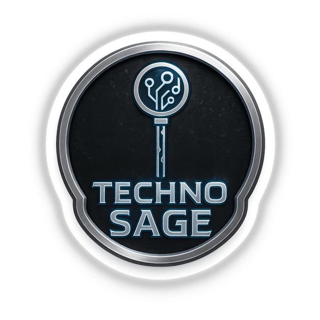 Techno Sage – RPG-Style Skill Badge features intricate silver and blue circuit designs, available as stickers or digital artwork, embodying Decal Venue's unique vinyl and digital art offerings.