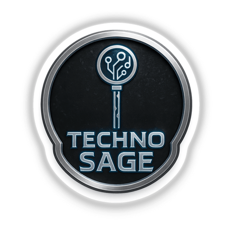 Techno Sage – RPG-Style Skill Badge features intricate silver and blue circuit designs, available as stickers or digital artwork, embodying Decal Venue's unique vinyl and digital art offerings.