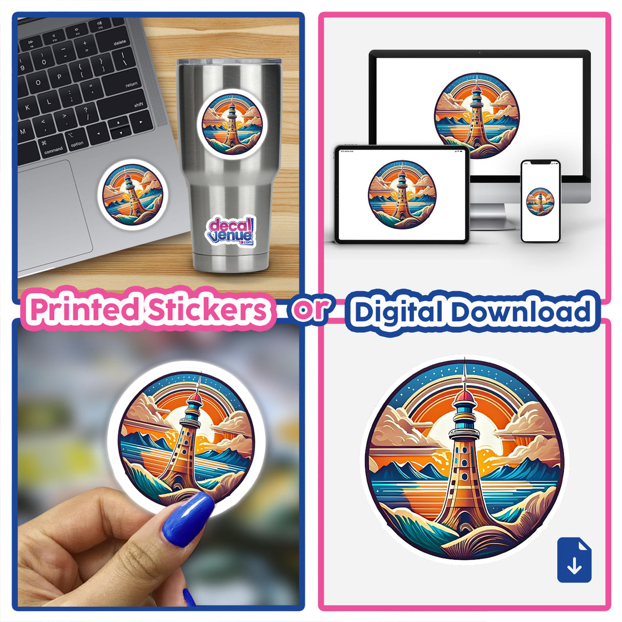 Vibrant digital artwork of a lighthouse surrounded by a scenic coastal landscape, featuring a colorful sticker design that can be used for printed or digital applications.