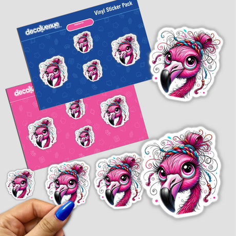 Flamingo with Messy Bun Hair Braided Yarn sticker pack, featuring playful cartoon flamingos with vibrant yarn hair, held in a hand. Ideal for adding whimsical charm to various surfaces.