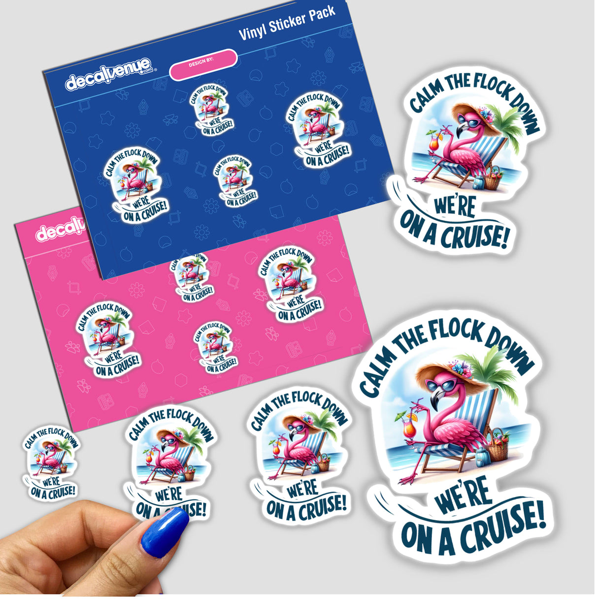 Vibrant flamingo-themed digital art stickers depicting a relaxed, carefree flamingo enjoying a cruise. The stickers feature playful phrases like "Calm the flock down, we're on a cruise!" showcasing the product's fun, whimsical design.