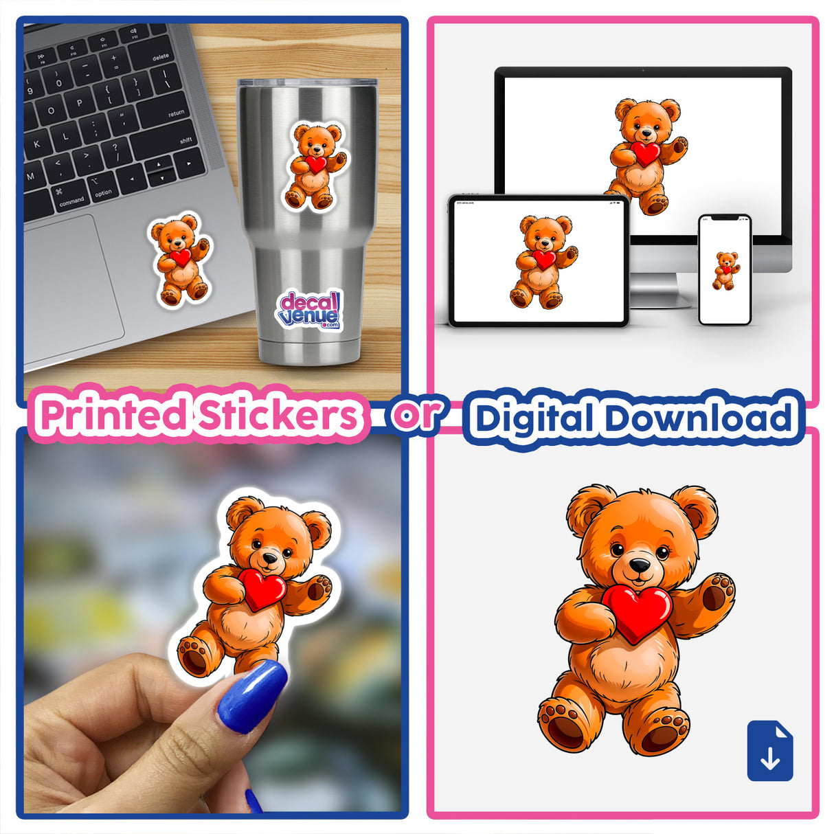 Cute Valentine's Day Teddy Bear stickers displayed on a laptop, featuring a cartoon bear holding a heart. Available as stickers or digital artwork from Decal Venue.
