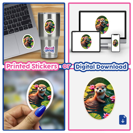 Cute Otter In The Water sticker collage featuring a baby otter swimming in a pond, ideal for laptops or as digital artwork from Decal Venue.