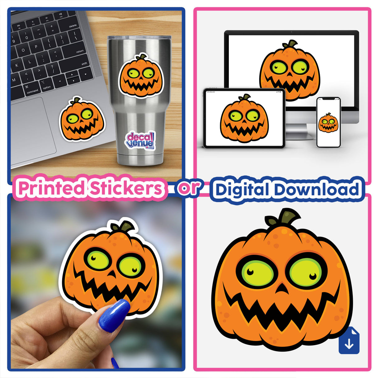 Crazy Pumpkin sticker pack featuring cartoon pumpkins with expressive faces, shown applied on various surfaces like laptops and cups, highlighting their playful and versatile nature.