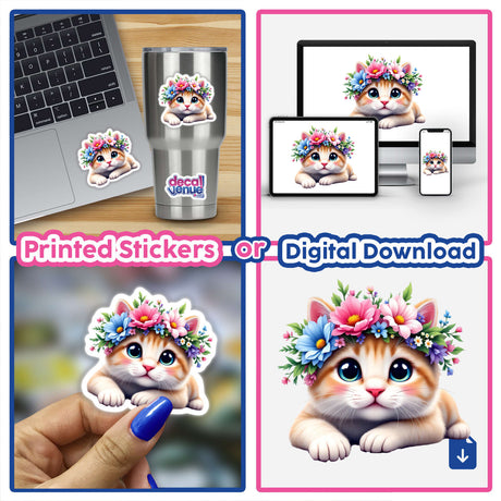 Sweet Cat Wearing a Vibrant Flower Crown depicted in a playful collage, showcasing the design available as a vinyl sticker or digital art, ideal for enhancing spaces with unique charm.
