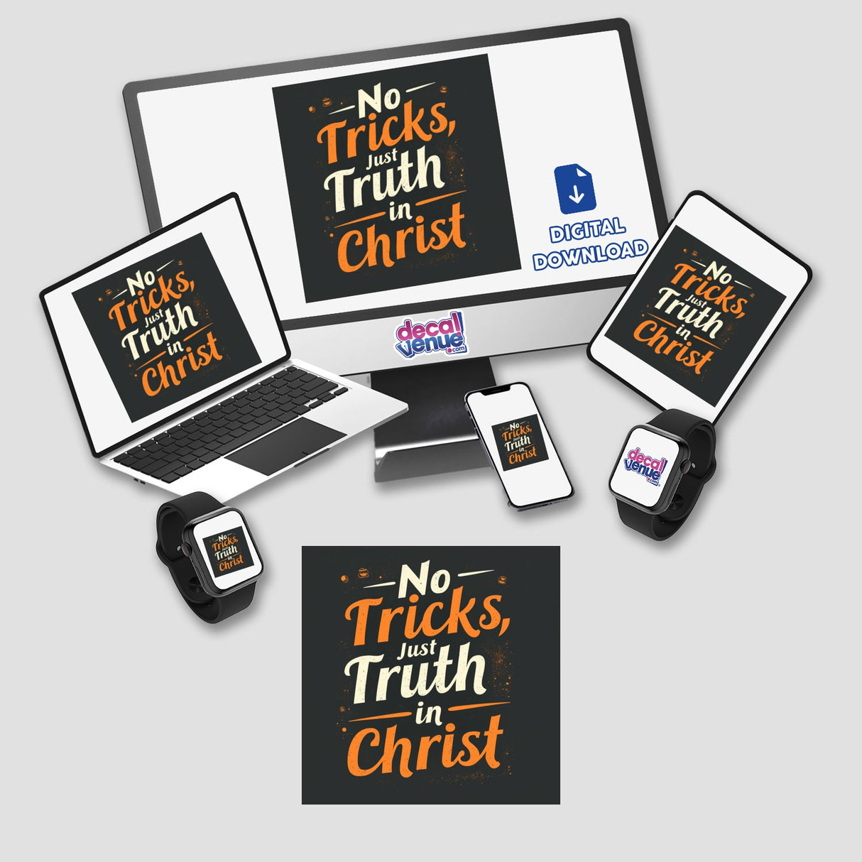 No Tricks, Just Truth in Christ” Sticker & Clipart features a Christian anti-Halloween design, showcased on a laptop and monitor, emphasizing its availability as both stickers and digital artwork.