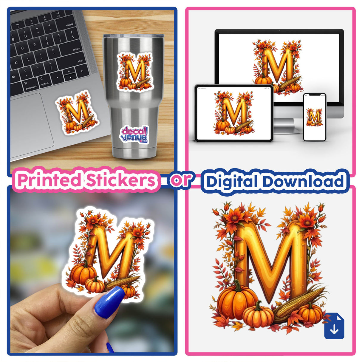 Fall Aesthetic Letter M Clipart | Stickers or Download with Commercial Rights: A collage featuring an 'M' adorned with pumpkins and flowers, suitable for laptops, decals, and digital art use.