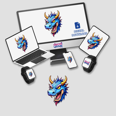 A Cool Fantasy Dragon depicted on a computer monitor and laptop screens, showcasing digital artwork available as stickers or digital downloads.