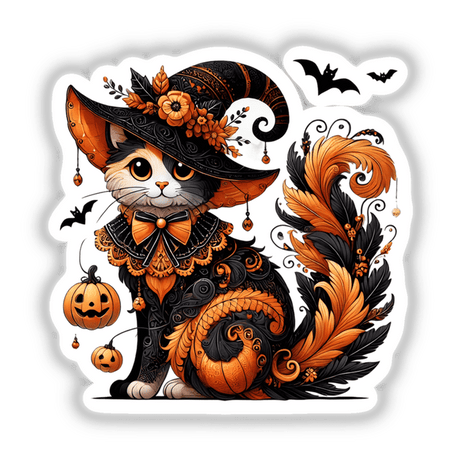 Stylized Halloween cat in decorative witch hat, surrounded by pumpkins, bats, and vibrant autumn foliage