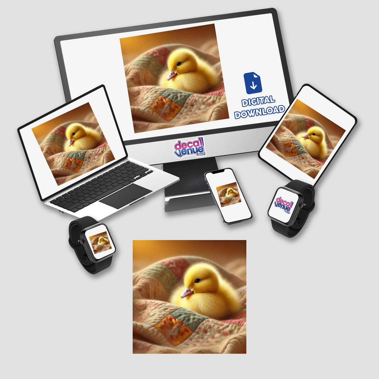 Duckling on Patterned Quilt displayed on a computer monitor and laptop screen, available as unique stickers or digital artwork from Decal Venue.