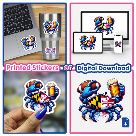 Collage of Maryland Crabs Football and Beer decal designs, featuring cartoon crabs holding beer and footballs, available as stickers or digital artwork.
