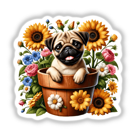 Pug Dog Peeking Out of Flower Pot