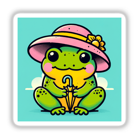 Froggy with Pink Sunhat and Umbrella cartoon illustration, available as stickers or digital artwork, showcasing a cheerful frog character holding an umbrella. Perfect for fans of unique, playful designs from Decal Venue.