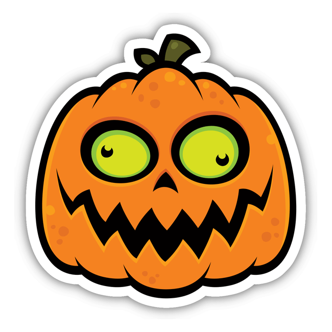 Crazy Pumpkin sticker featuring a cartoon pumpkin face with expressive eyes and a playful smile, perfect for Halloween-themed decorations. Available as part of a Sticker Pack or as single stickers.