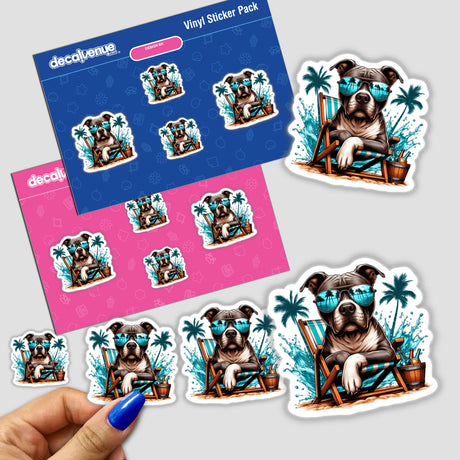 Tropical Pitbull Dog in Beach Chair sticker featuring a cartoon pitbull wearing sunglasses, sitting in a chair, available as vinyl sticker or digital artwork from Decal Venue.