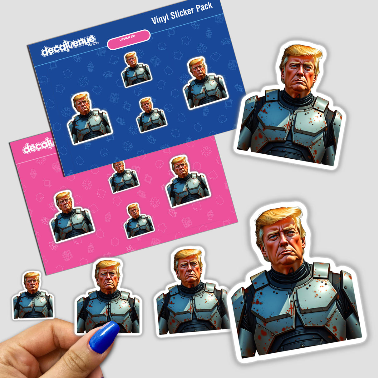 Sticker pack featuring a cartoon depiction of Futuristic President Donald Trump in armor, showcasing detailed facial expressions and dynamic poses, available as stickers or digital artwork.