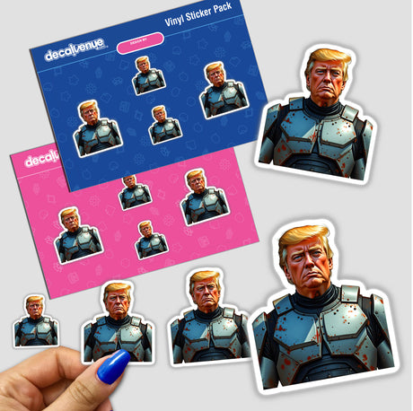 Sticker pack featuring a cartoon depiction of Futuristic President Donald Trump in armor, showcasing detailed facial expressions and dynamic poses, available as stickers or digital artwork.
