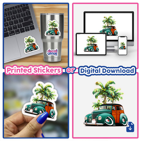 Collage featuring Green Woodie car with palm trees, available as stickers or digital artwork from Decal Venue, showcasing unique vinyl sticker style with a cartoon-like charm.