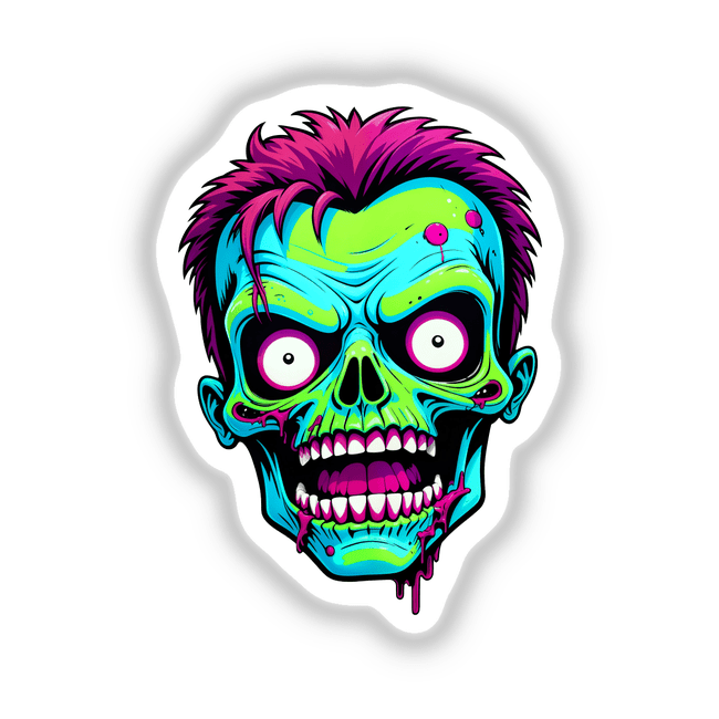 A Cool Neon Punk Zombie Skull illustration featuring a cartoon zombie head with vibrant details, available as stickers or digital artwork from Decal Venue.