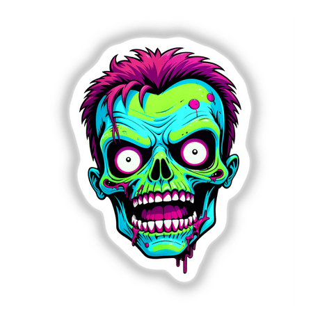 A Cool Neon Punk Zombie Skull illustration featuring a cartoon zombie head with vibrant details, available as stickers or digital artwork from Decal Venue.