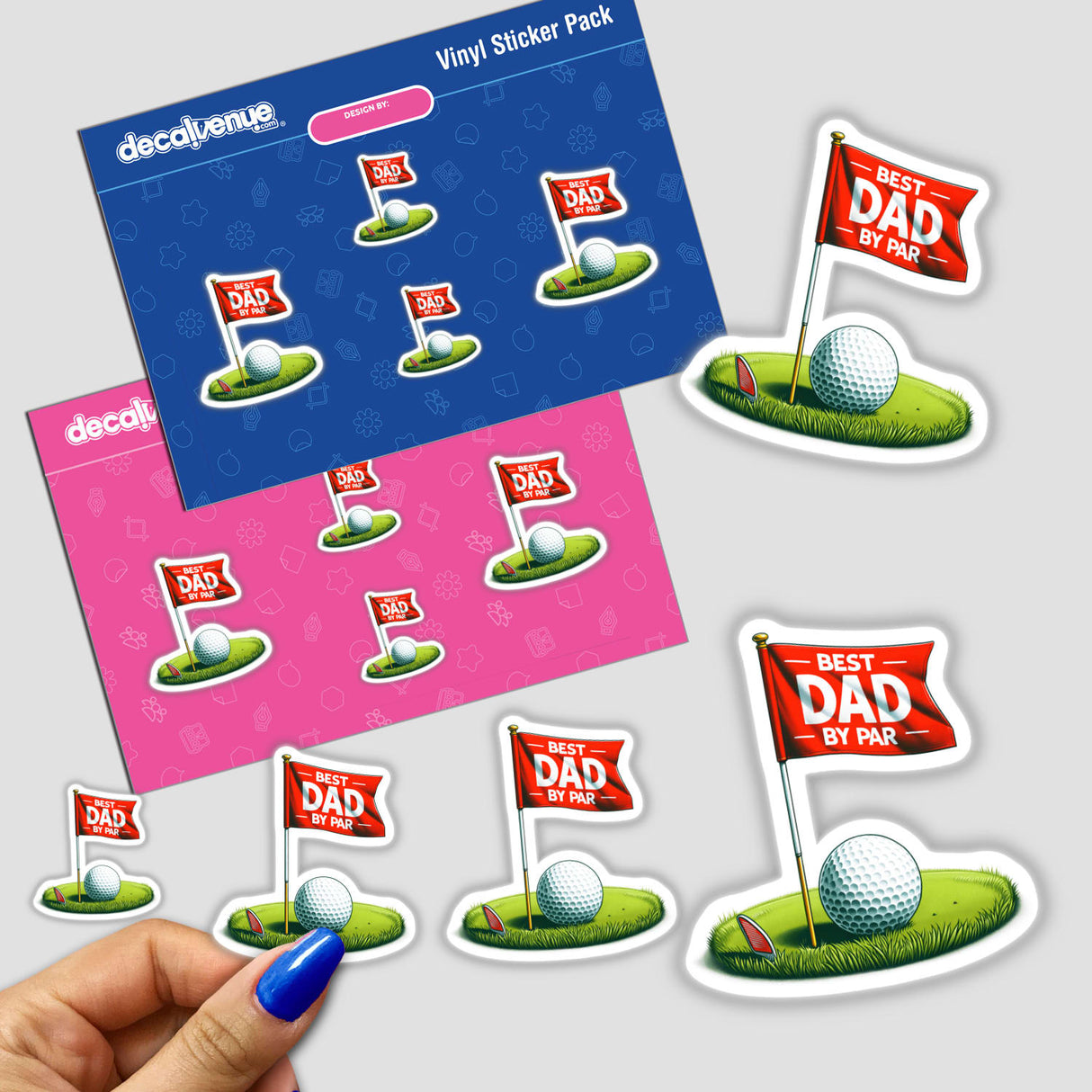 Stickers featuring golf balls and flags with the title Golf Best Dad by Par, available as stickers or digital artwork.