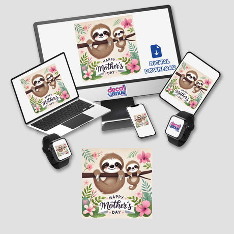 Two Sloths on Branch Happy Mothers Day sticker or digital artwork, featuring two sloths lounging on a branch, ideal for celebrating motherhood with a unique and charming design.