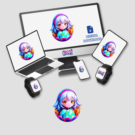 a computer, laptop, phone, and tablet all have stickers on them