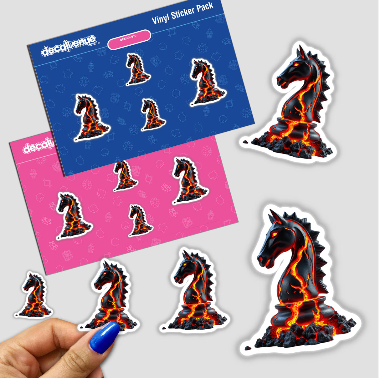 Molten Lava Chess Knight sticker featuring a horse-shaped chess piece with dynamic red flames, available as a sticker or digital artwork from Decal Venue's unique collection.