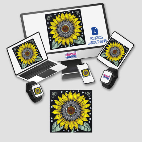 Sunflower design available as stickers or digital artwork, showcasing intricate petal details. Ideal for adding a touch of nature-inspired beauty to any surface or digital project.