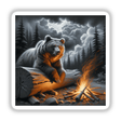 Bear on a Fallen Log by Firelight: Illustration of a bear sitting on a log beside a campfire, available as unique stickers or digital artwork from Decal Venue.