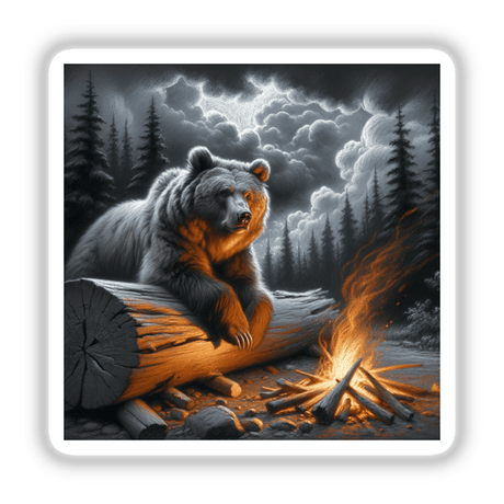 Bear on a Fallen Log by Firelight: Illustration of a bear sitting on a log beside a campfire, available as unique stickers or digital artwork from Decal Venue.