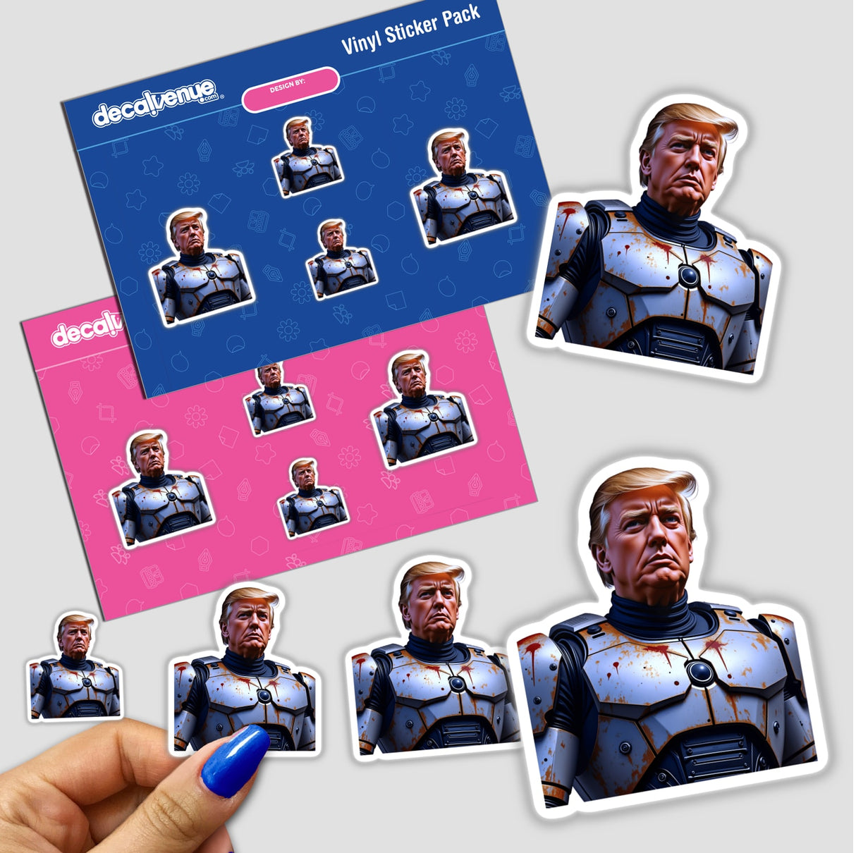 Sticker pack featuring a cartoonish portrayal of Futuristic President Donald Trump, held by a person. Available as decals or digital artwork, highlighting Decal Venue's unique sticker collection.