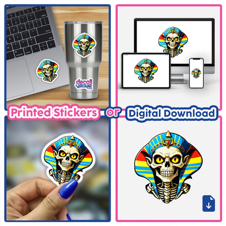 A collage featuring A Cool Egyptian Pharaoh Skull sticker, displayed on a laptop and cup, showcasing its unique design in various settings.